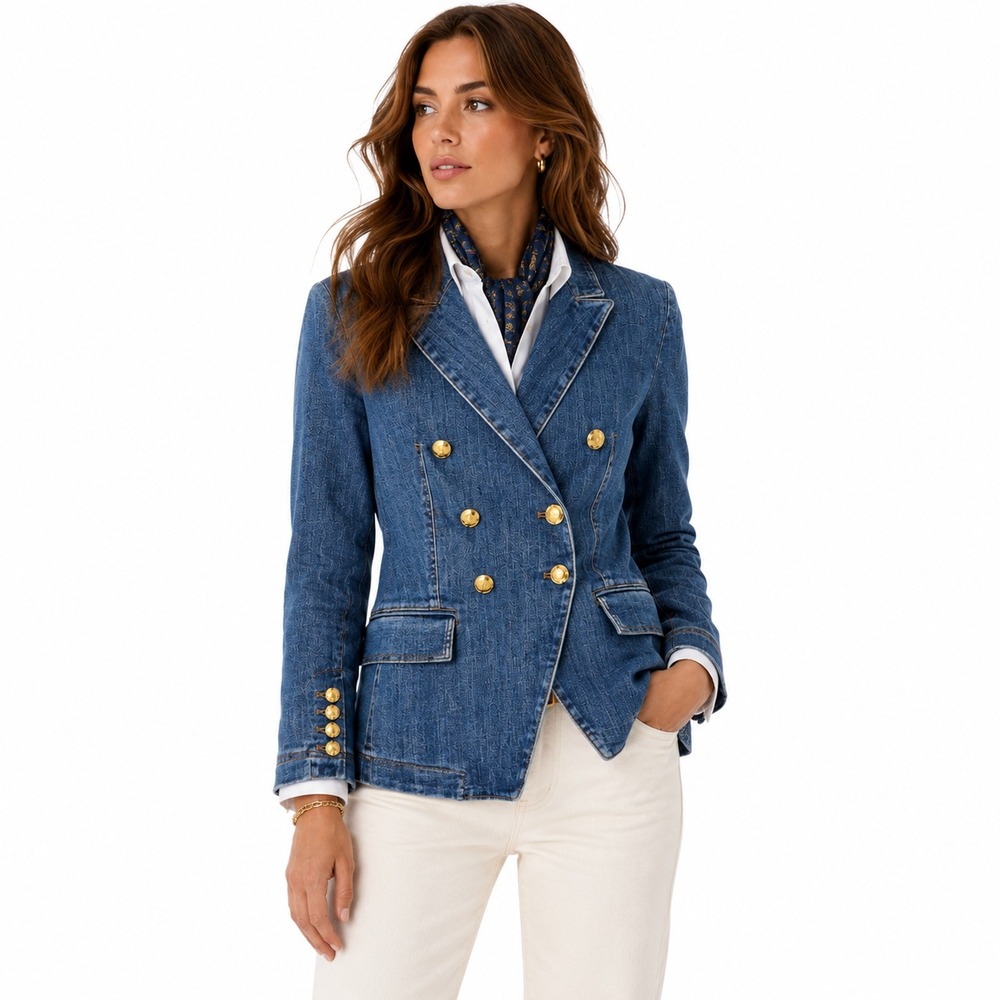 WHBM Denim Studio Blazer Womens 12 Blue Double Breasted Gold Button Jacket